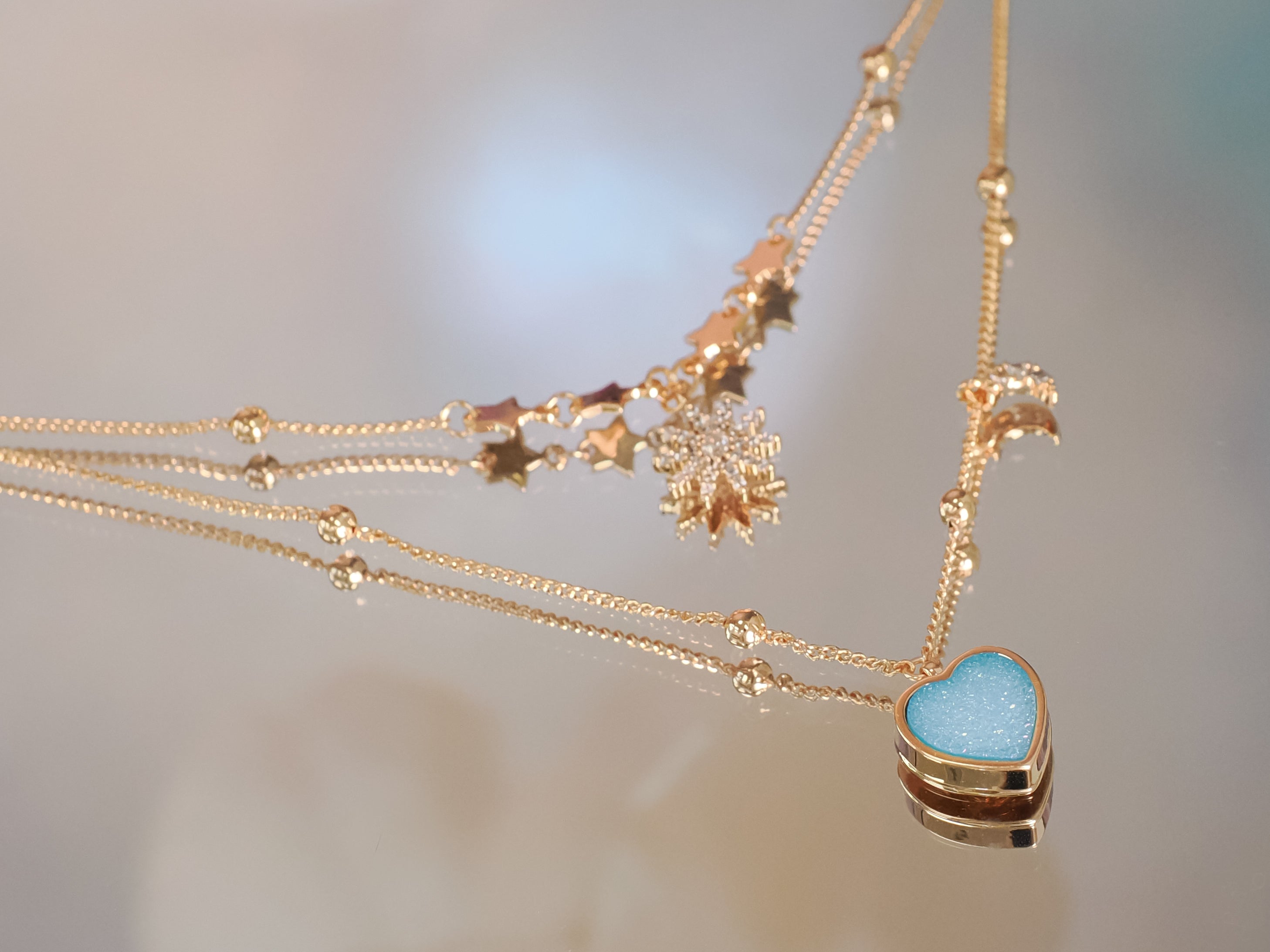 Sky Blue Druzy Gold Layered Necklace - Love Note