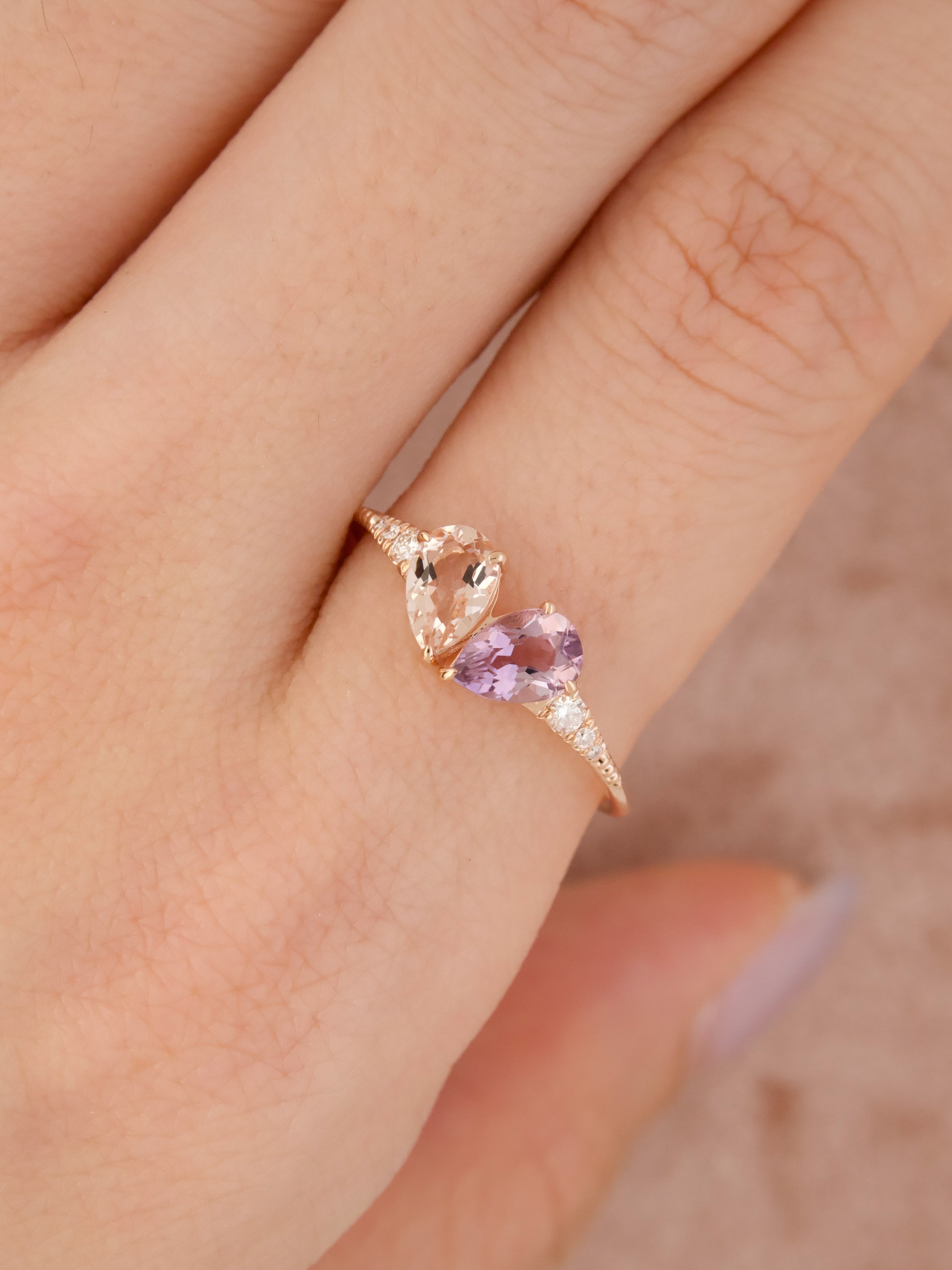 14K Rose Gold Heart Shaped Ring -  Toi et Moi