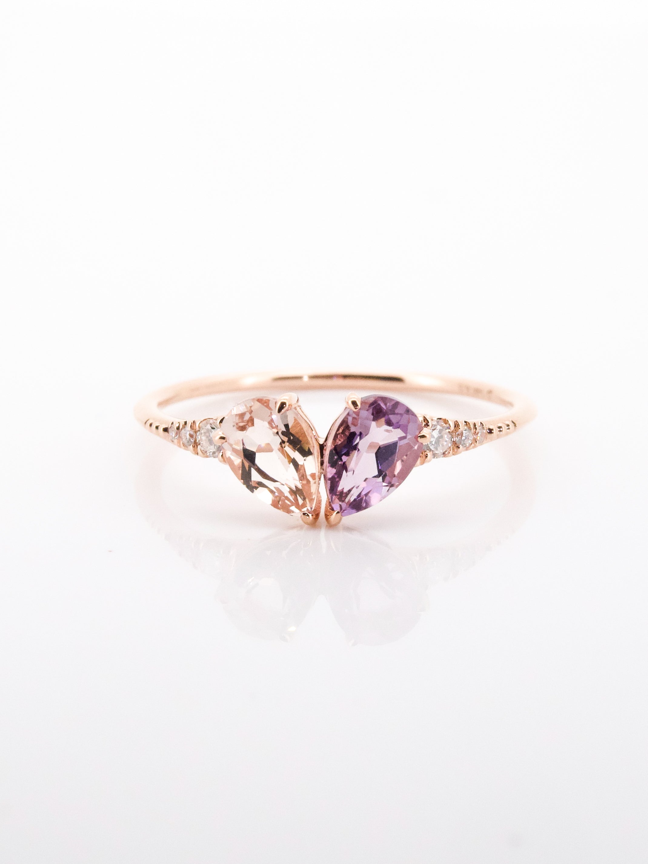 14K Rose Gold Heart Shaped Ring -  Toi et Moi