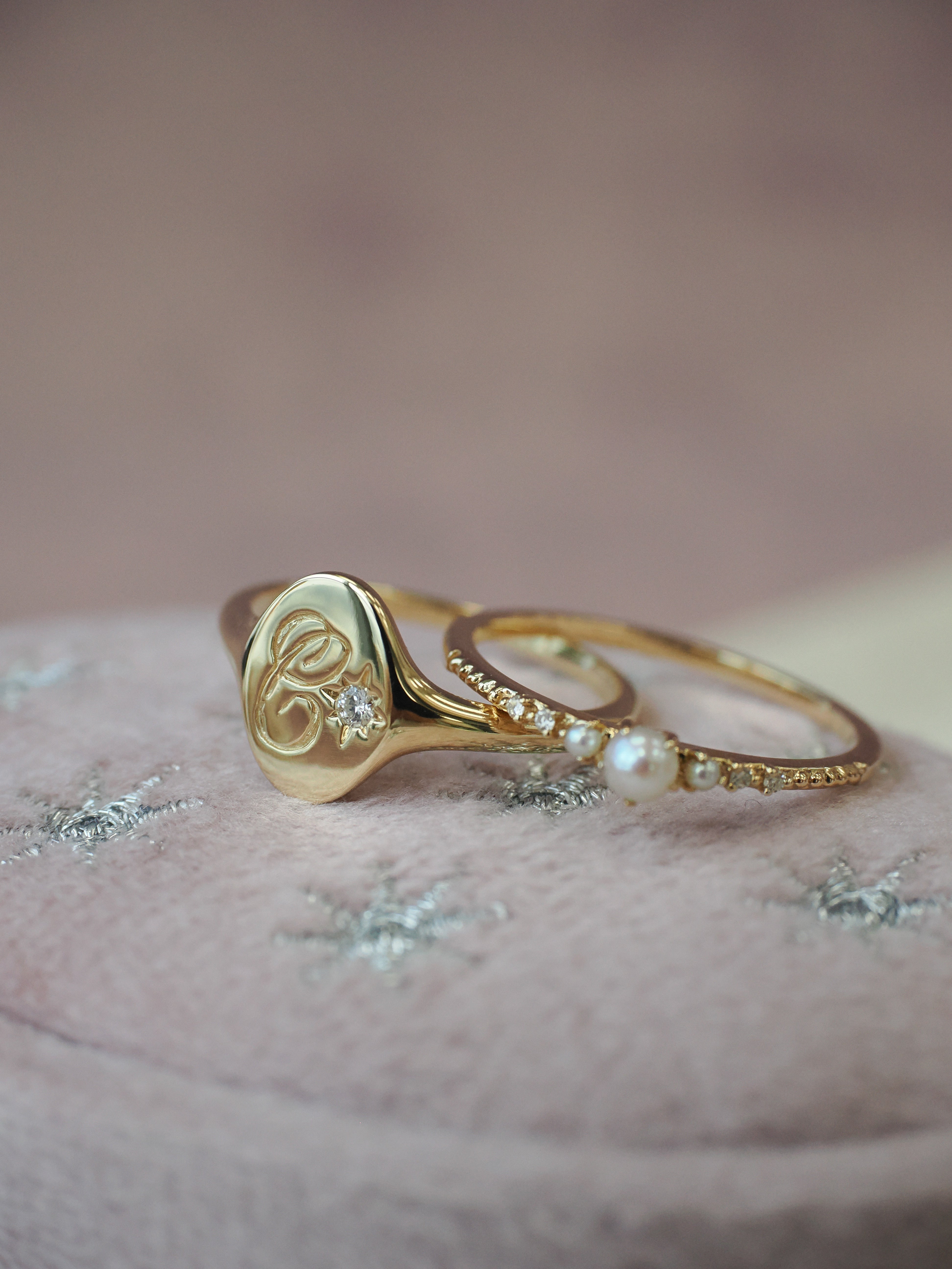 Heirloom 14K Yellow Gold Initial Diamond Signet Ring