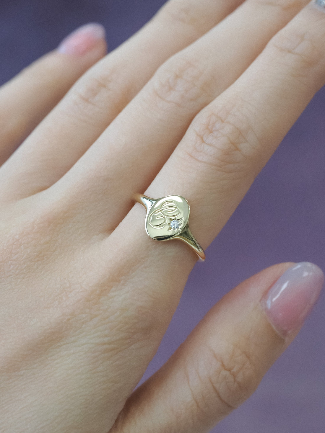 Heirloom 14K Yellow Gold Initial Diamond Signet Ring