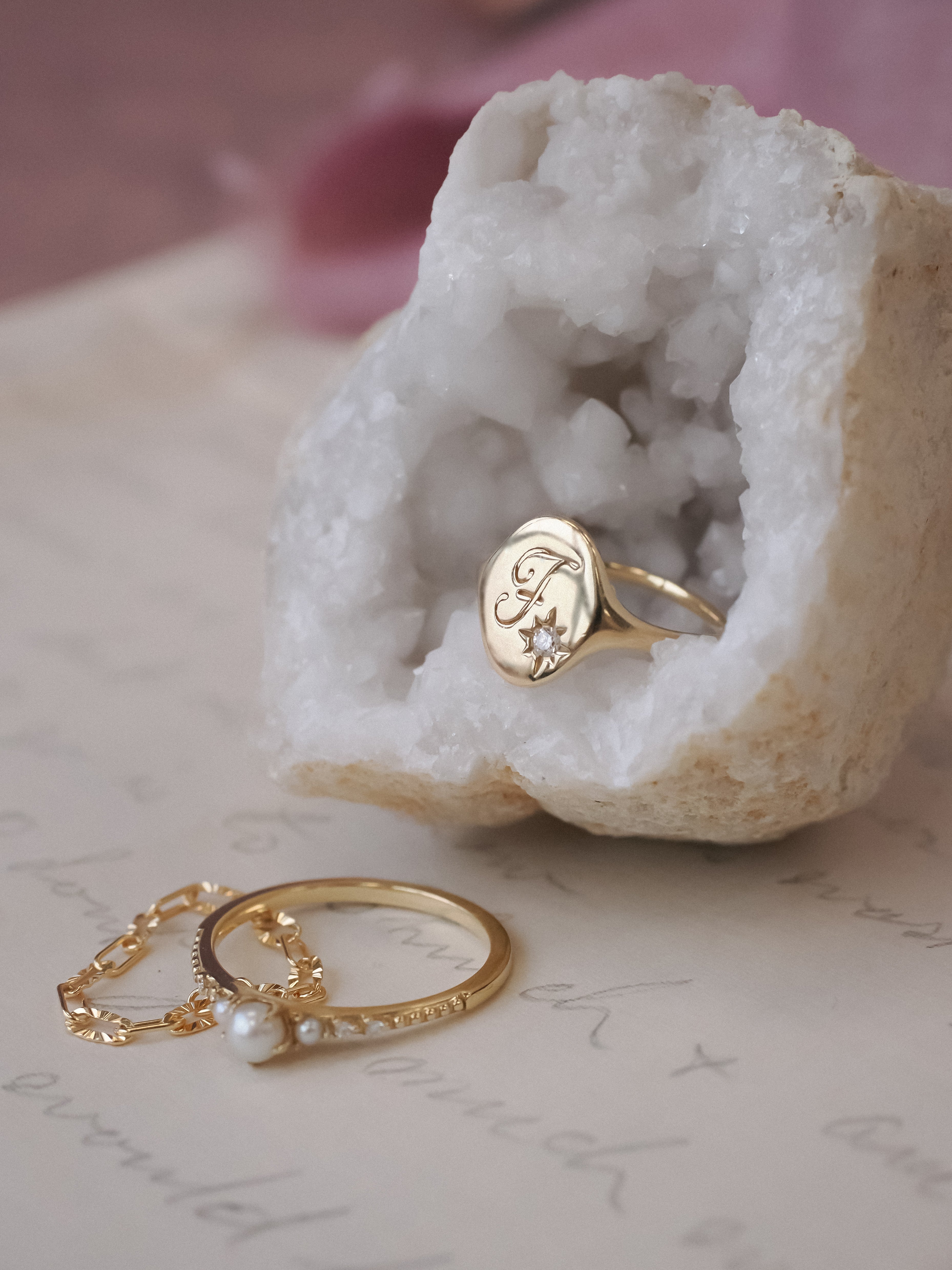 Heirloom 14K Yellow Gold Initial Diamond Signet Ring