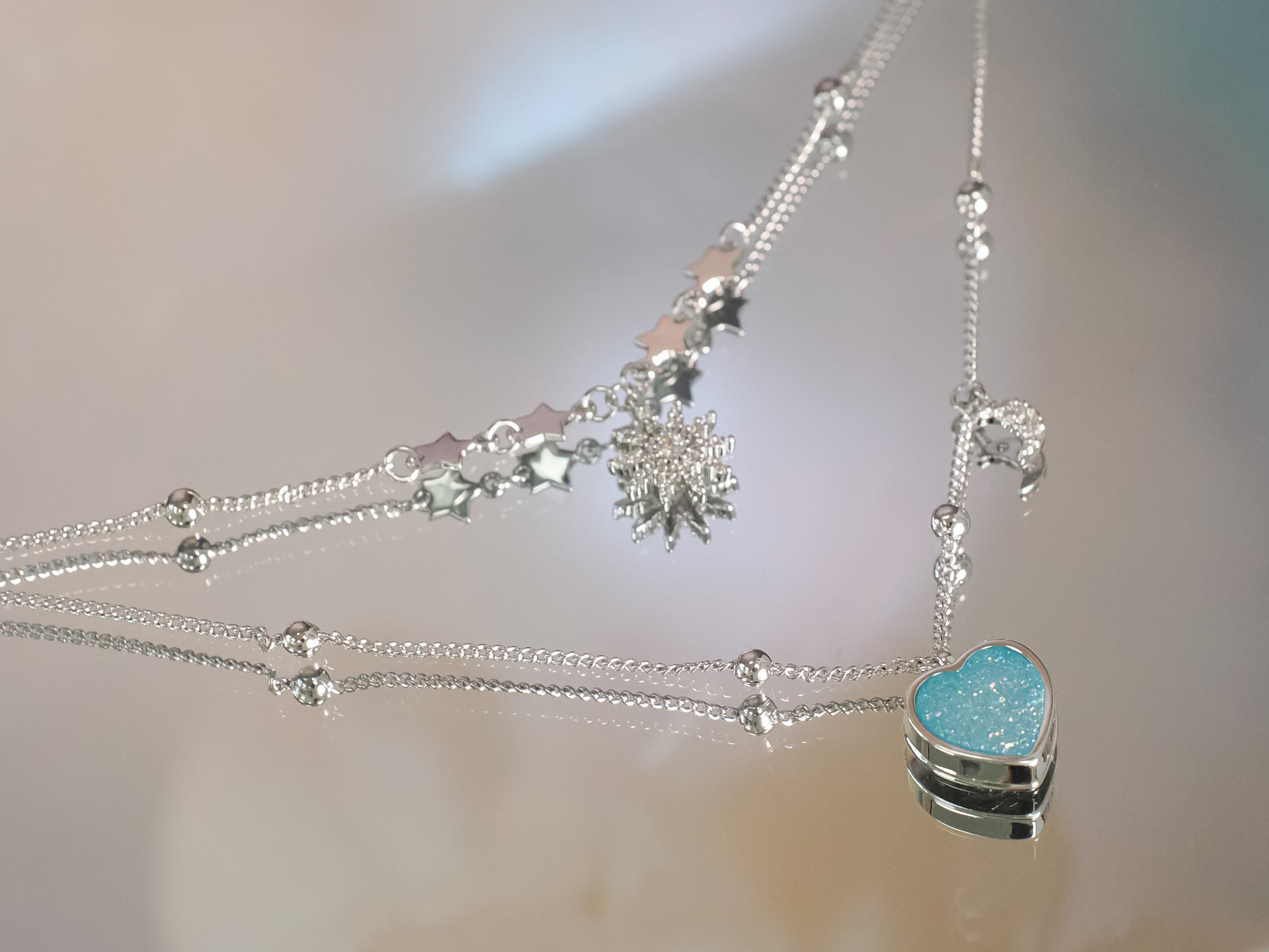 Sky Blue Druzy Silver Layered Necklace - Love Note