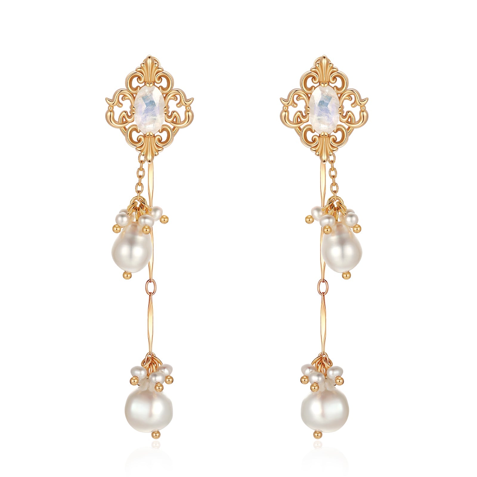 Moonstone & Pearl Gold Drop Earrings - Bewitched