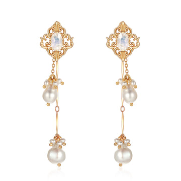 Moonstone & Pearl Gold Drop Earrings - Bewitched