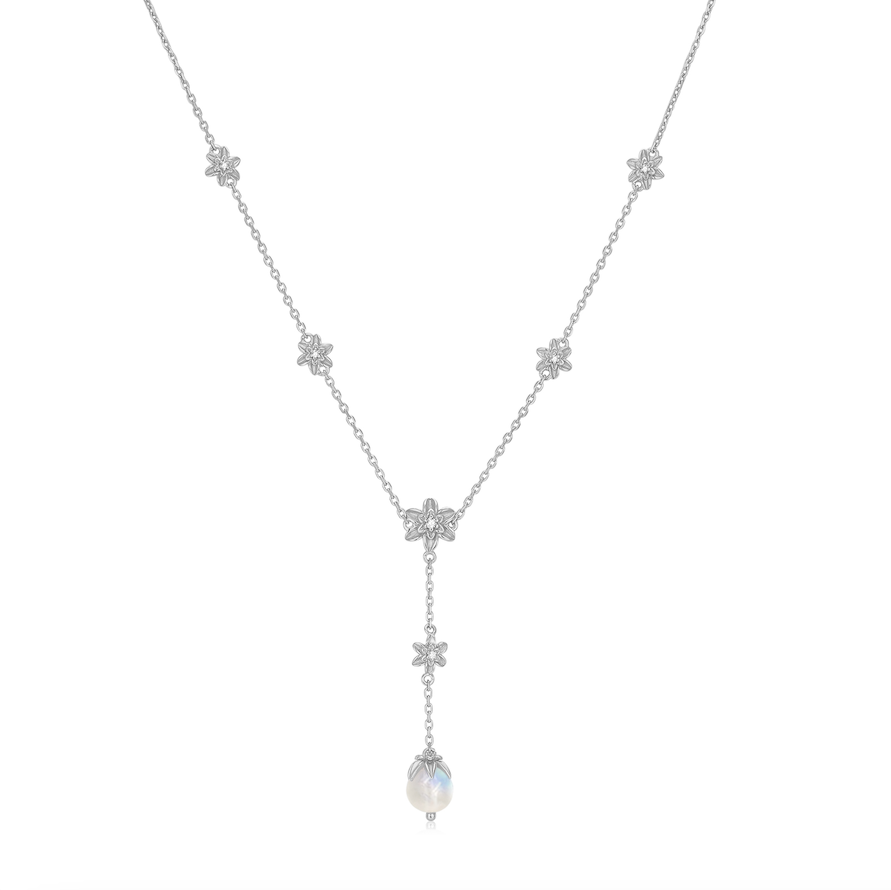 Moonstone Silver Floral Lariat Necklace - Daffodil