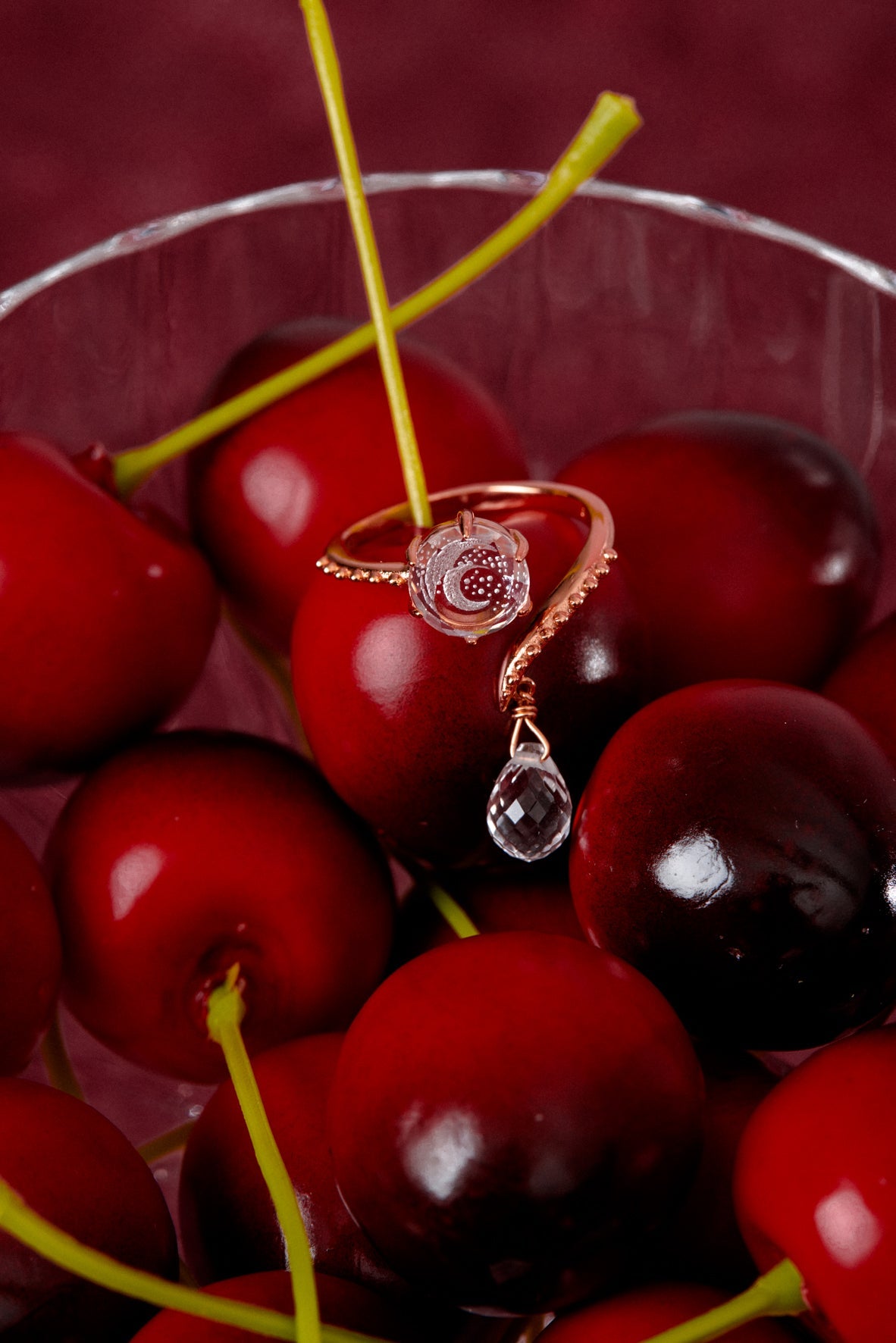 Clear Quartz Gold Crescent Moon Dangle Ring - Dreamy