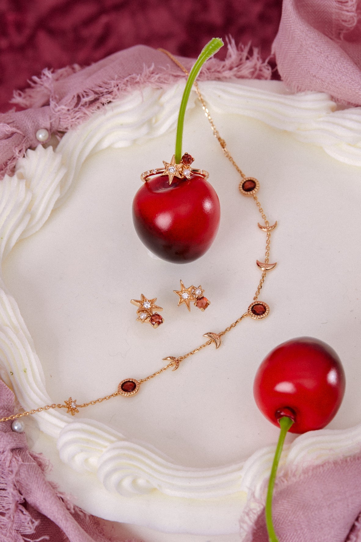 Garnet & Pearl Gold Star Stud Earrings - Lullaby