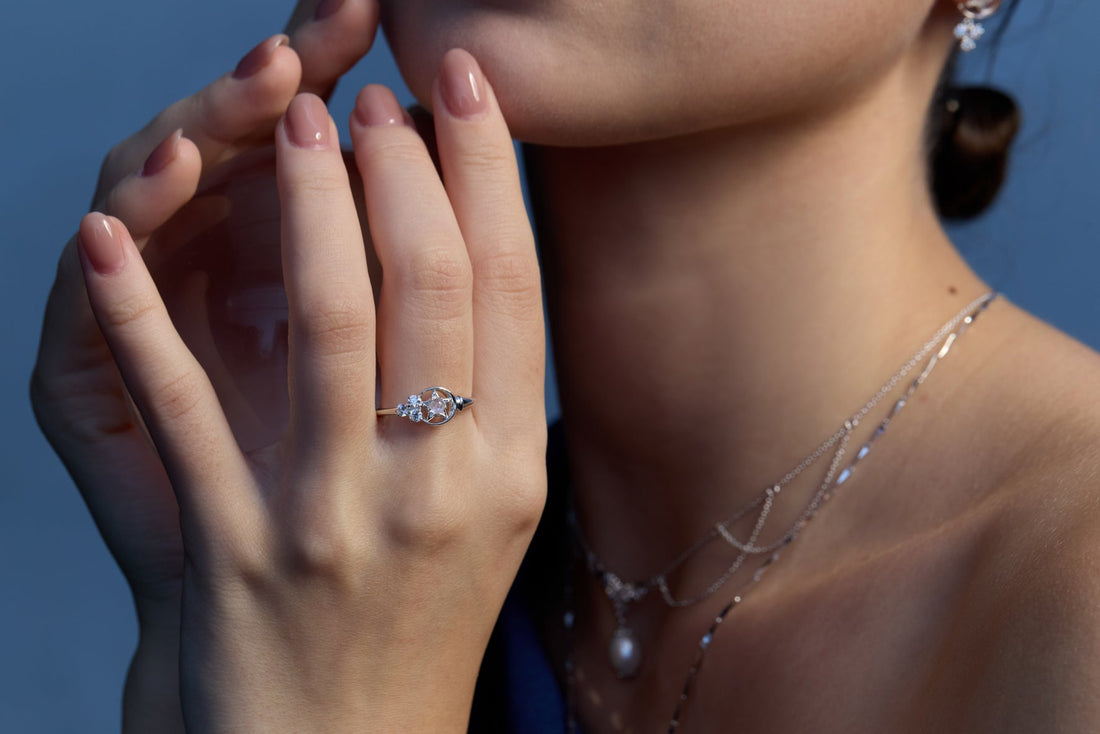 Moonstone Silver Moon & Star Ring - Celeste