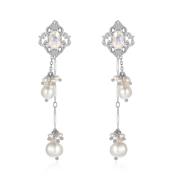 Moonstone & Pearl Silver Drop Earrings - Bewitched