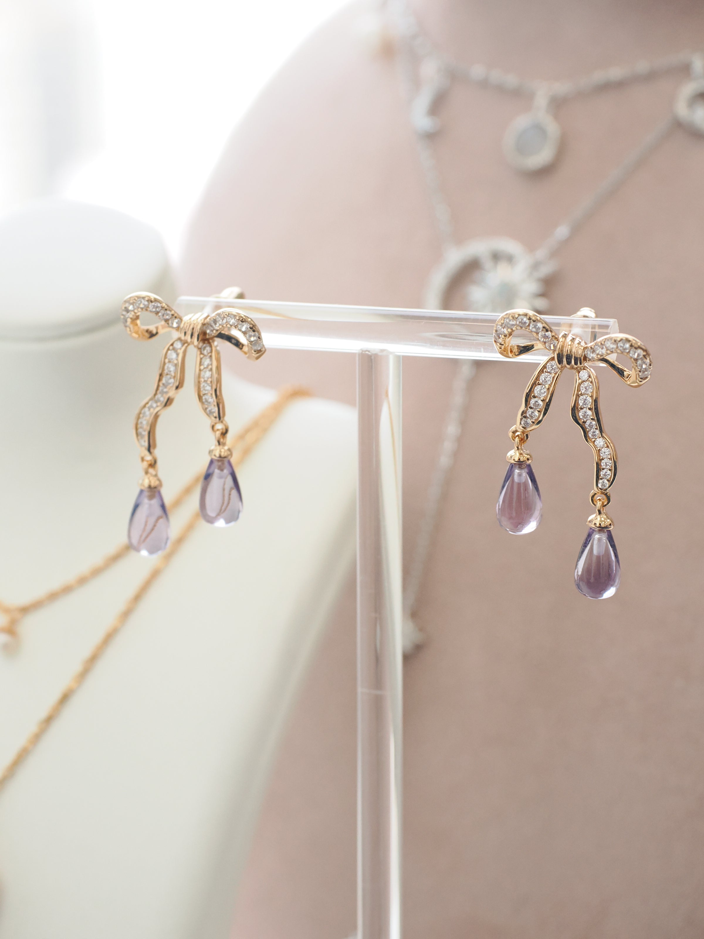 Amethyst Gold Bow Dangle Earrings - Alice