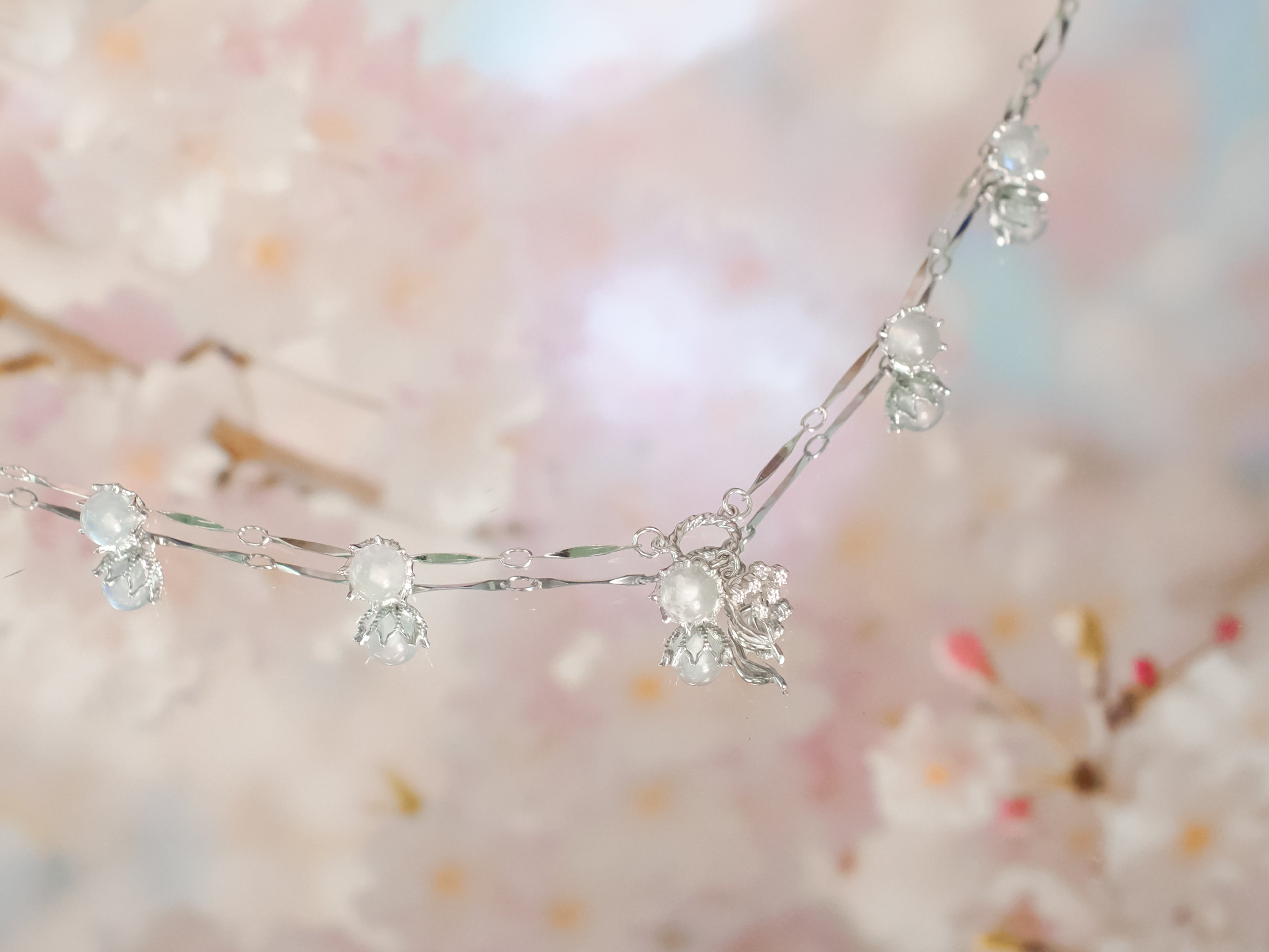 Moonstone Silver Dangle Choker - Lily of the Valley