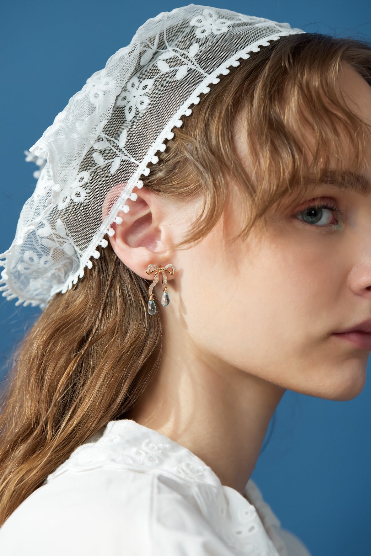 Blue Topaz Gold Bow Dangle Earrings - Alice