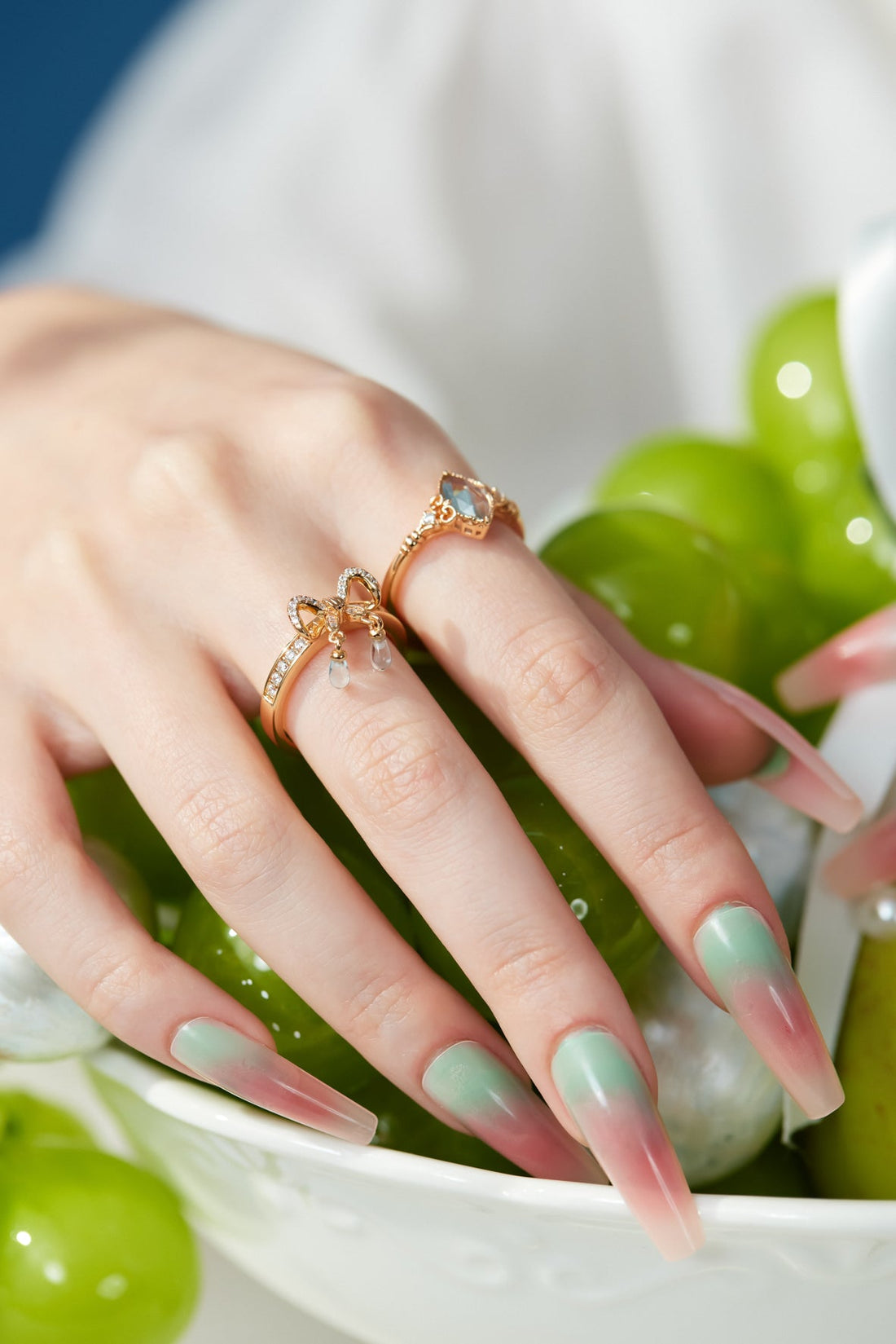 Blue Topaz Gold Bow Dangle Ring - Alice