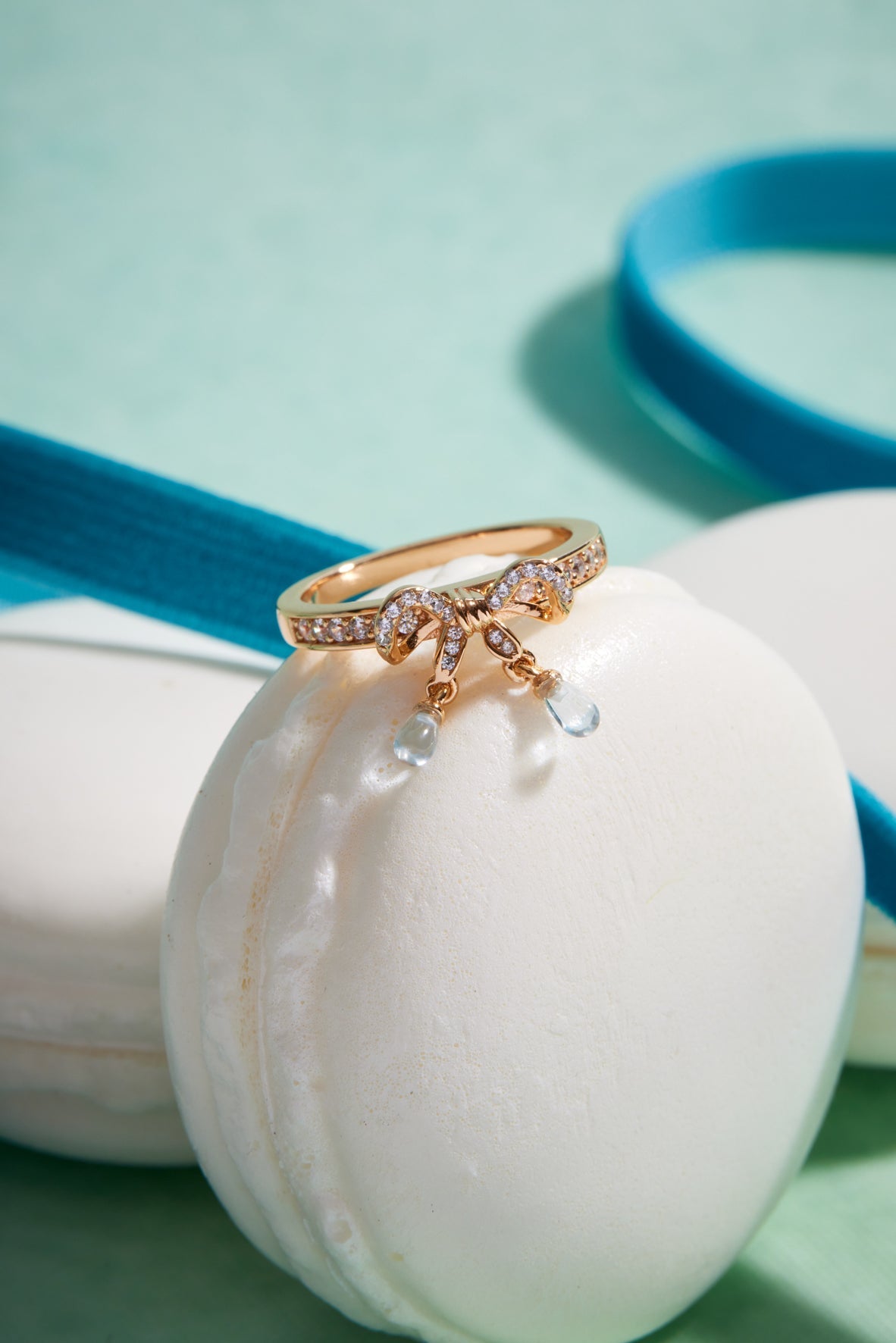 Blue Topaz Gold Bow Dangle Ring - Alice