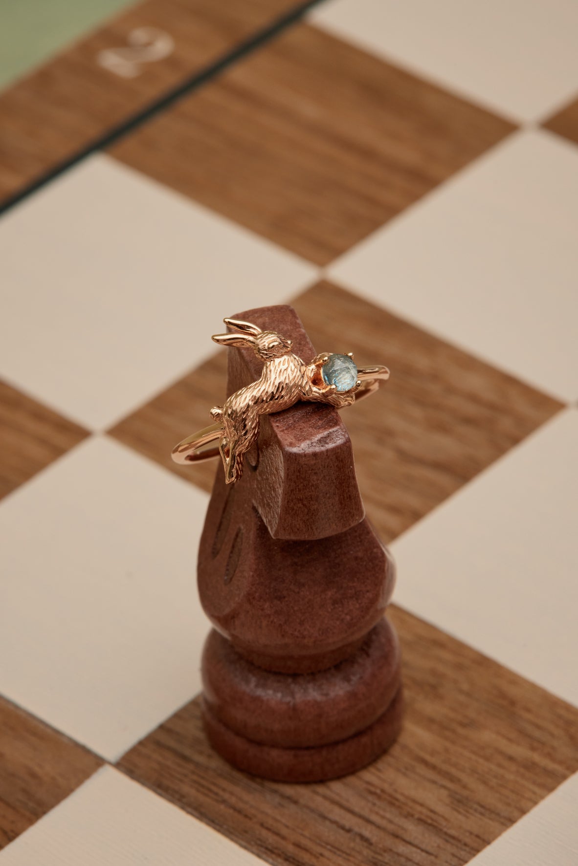 Blue Topaz Gold Leaping Rabbit Ring