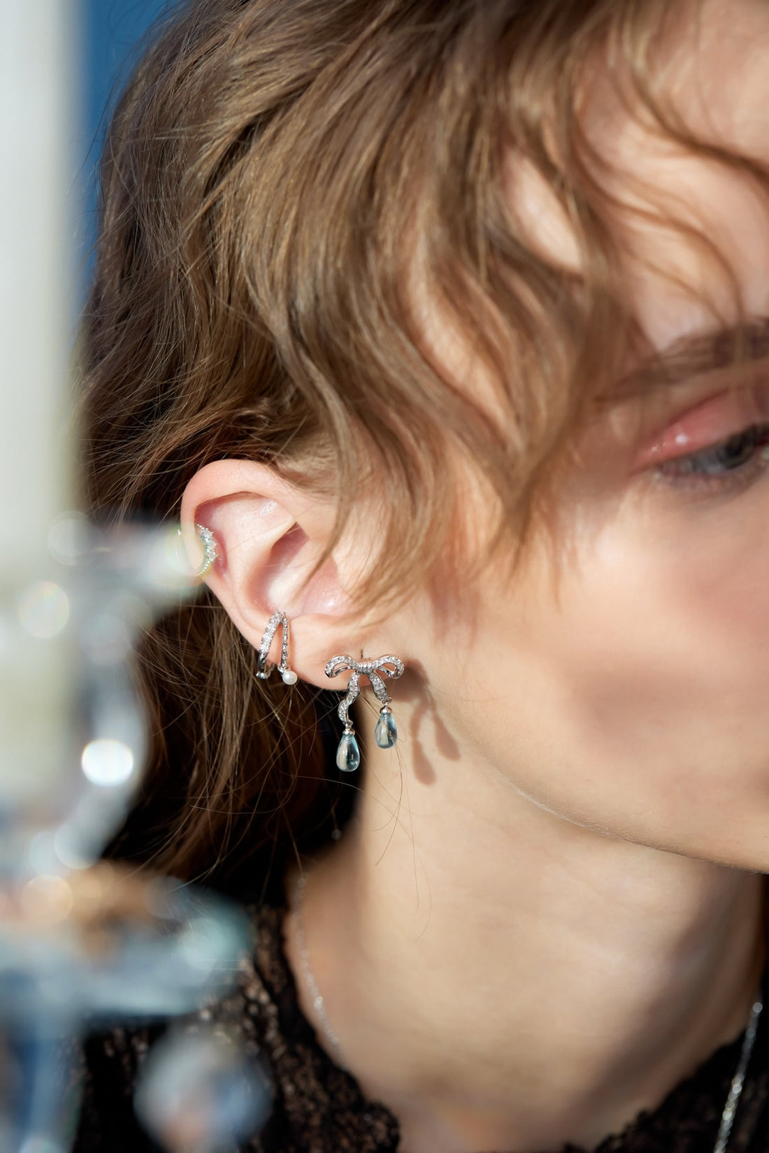 Blue Topaz Silver Bow Dangle Earrings - Alice