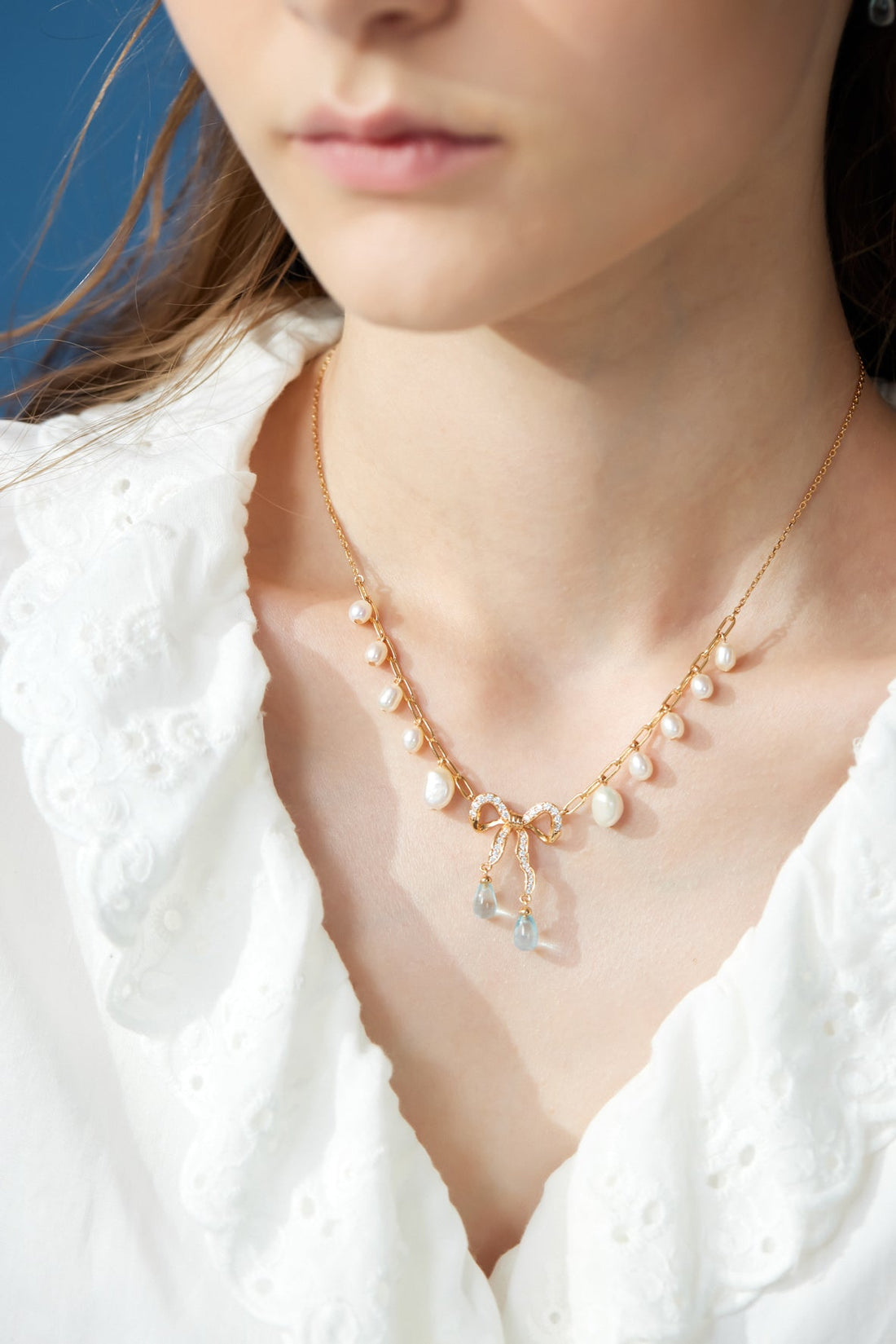 Blue Topaz & Pearl Gold Bow Dangle Necklace - Alice
