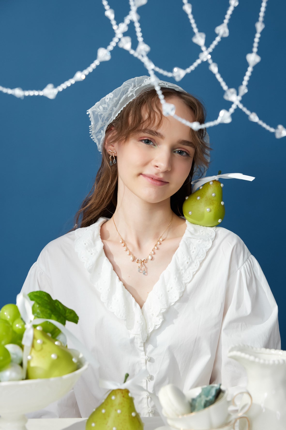 Blue Topaz & Pearl Gold Bow Dangle Necklace - Alice