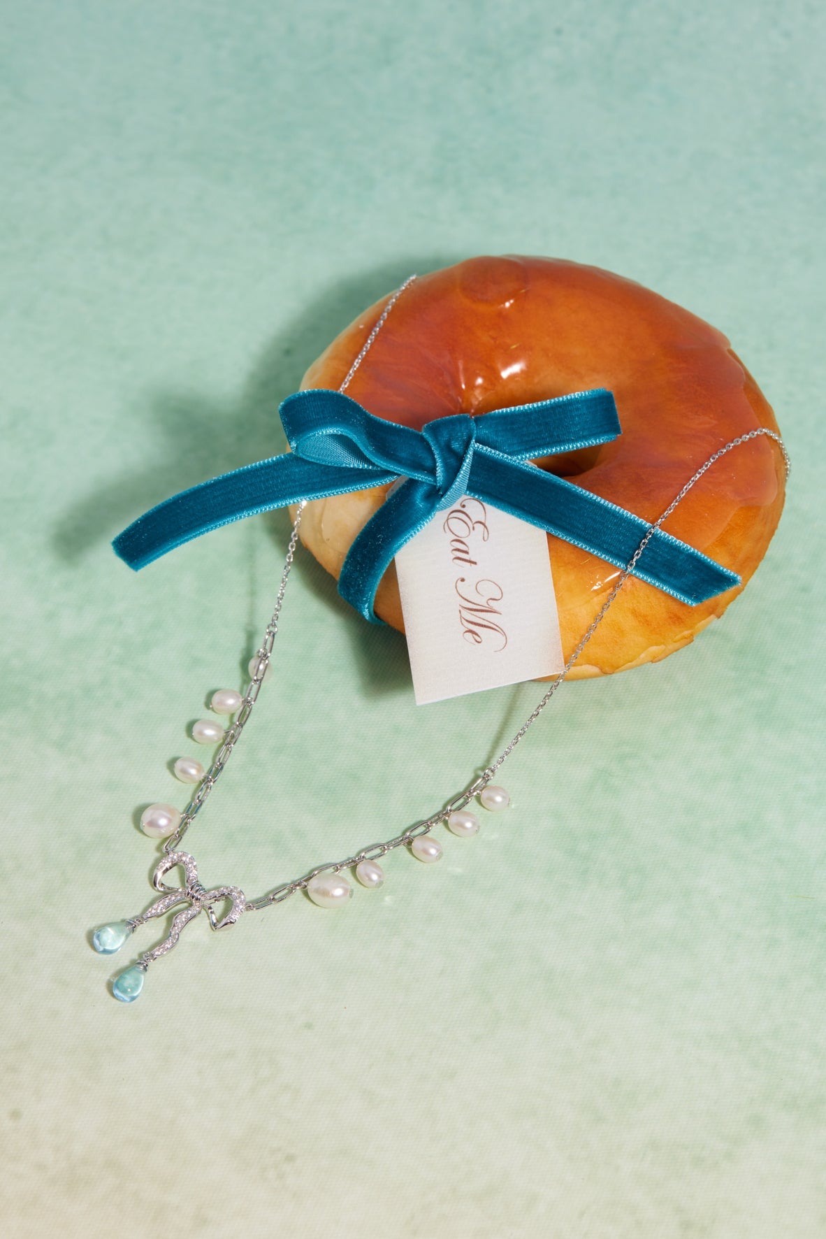 Blue Topaz & Pearl Silver Bow Dangle Necklace - Alice