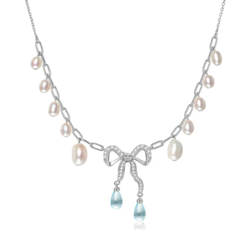 Blue Topaz & Pearl Silver Bow Dangle Necklace - Alice