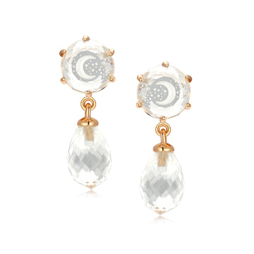 Clear Quartz Gold Crescent Moon Dangle Earrings - Dreamy