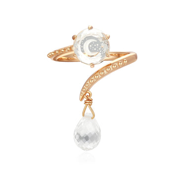 Clear Quartz Gold Crescent Moon Dangle Ring - Dreamy