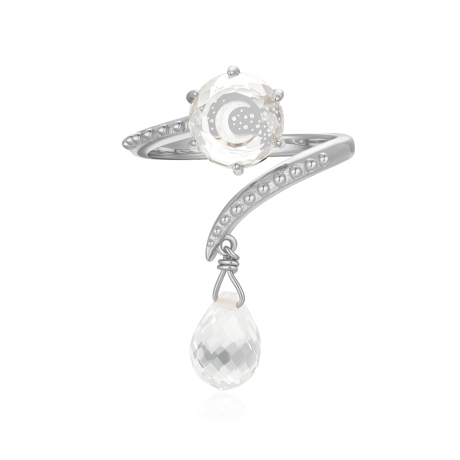 Clear Quartz Silver Crescent Moon Dangle Ring - Dreamy