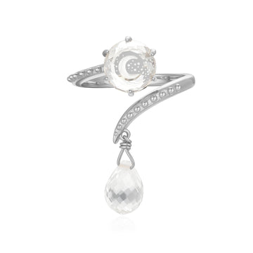 Clear Quartz Silver Crescent Moon Dangle Ring - Dreamy