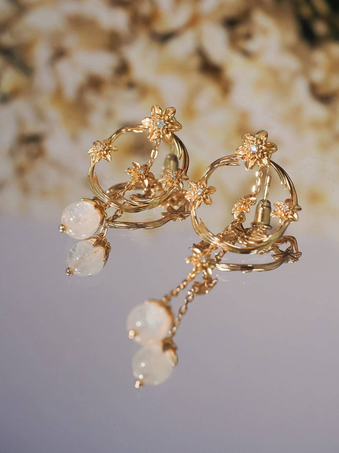 Moonstone Gold Asymmetrical Floral Earrings - Daffodil