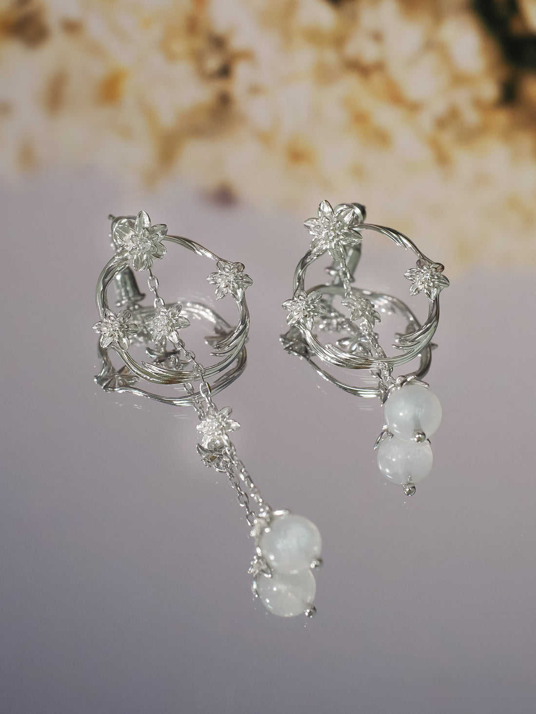 Moonstone Silver Asymmetrical Floral Earrings - Daffodil