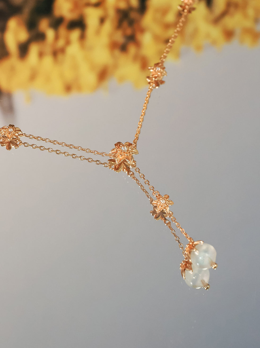 Moonstone Gold Floral Lariat Necklace - Daffodil