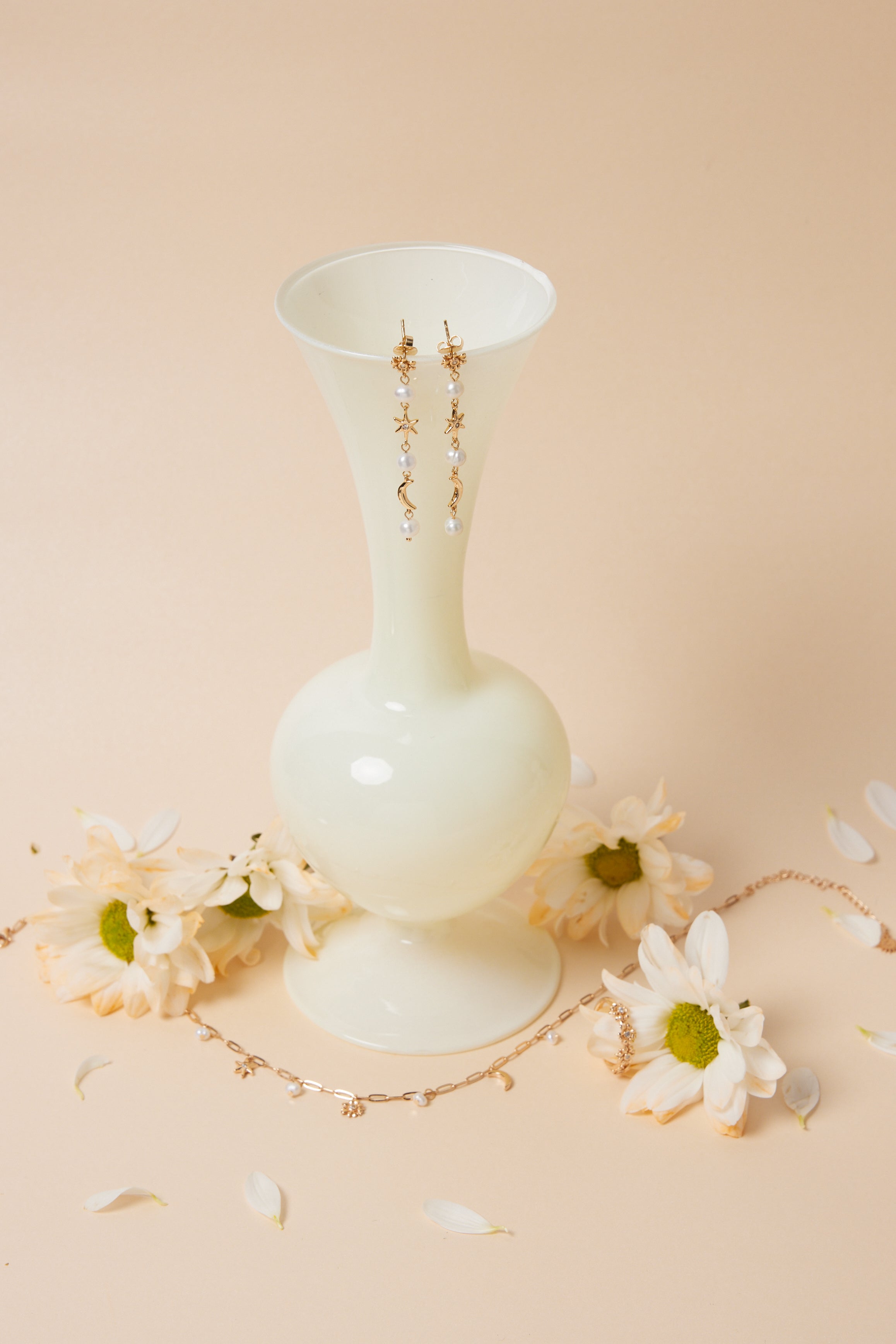 Freshwater Pearl Moon & Star Gold Drop Earrings - Daisy