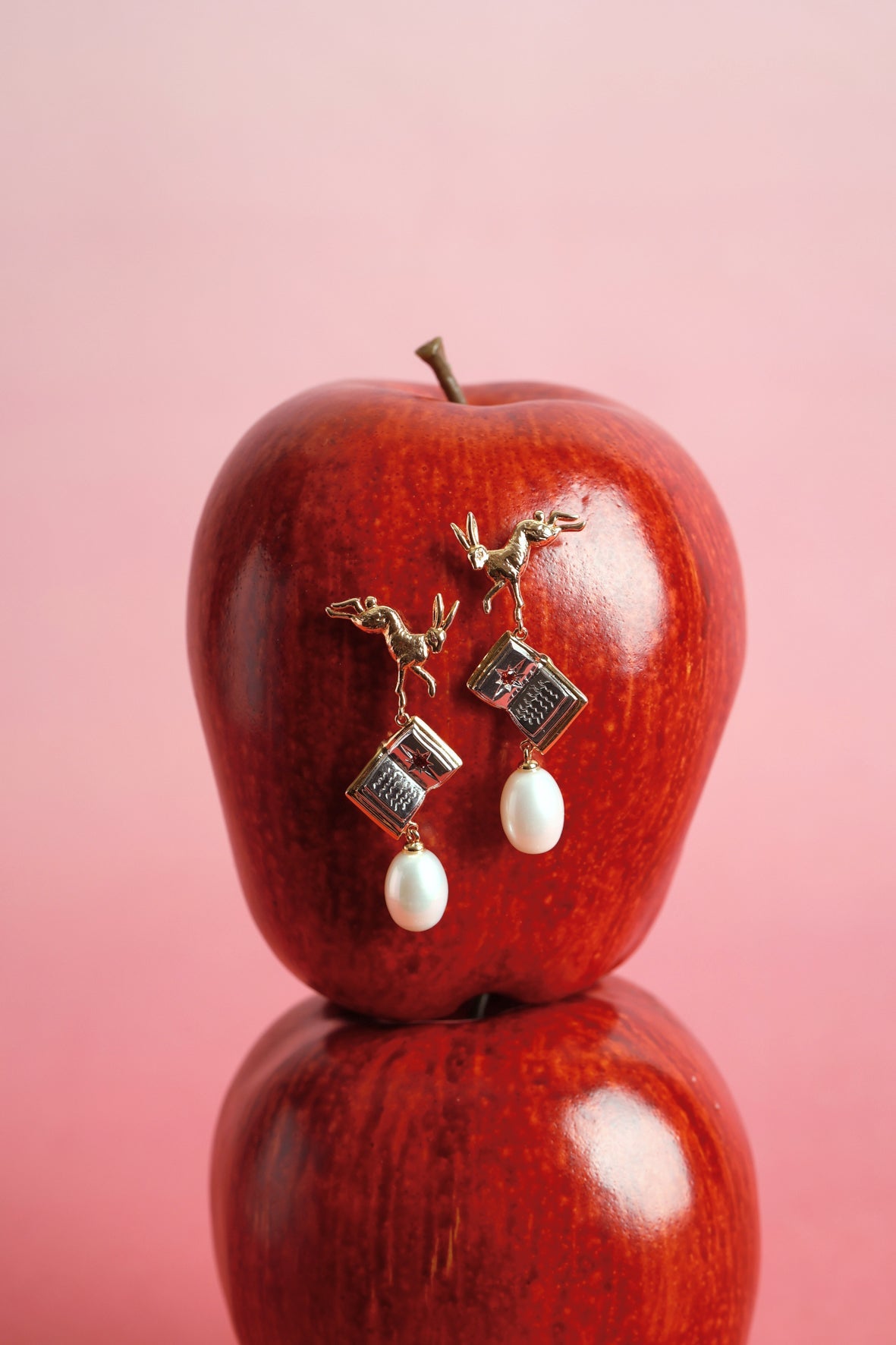 Freshwater Baroque Pearl Gold Leaping Rabbit & Story Book Earrings