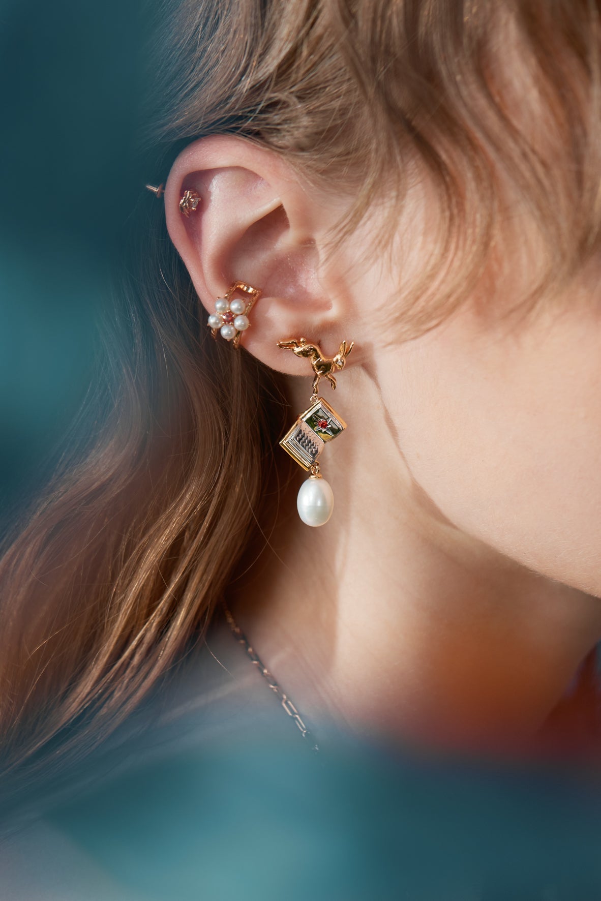 Freshwater Baroque Pearl Gold Leaping Rabbit & Story Book Earrings