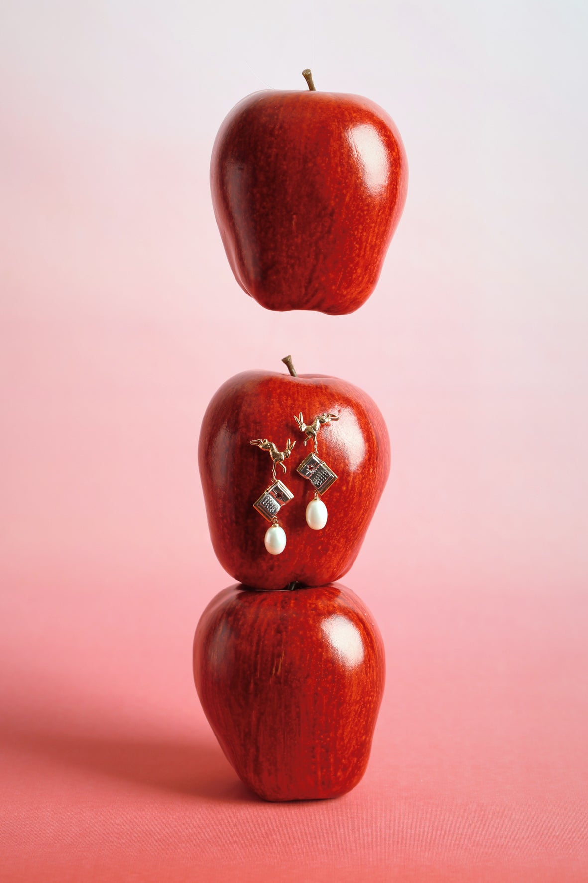 Freshwater Baroque Pearl Gold Leaping Rabbit & Story Book Earrings