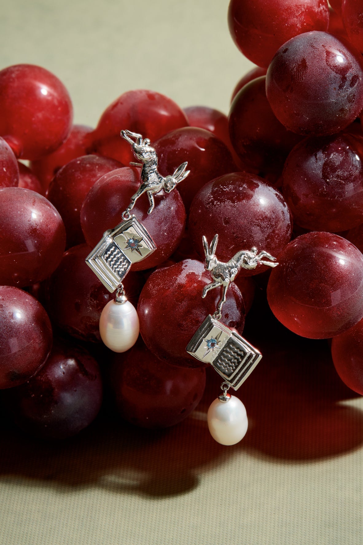 Freshwater Baroque Pearl Silver Leaping Rabbit & Story Book Earrings