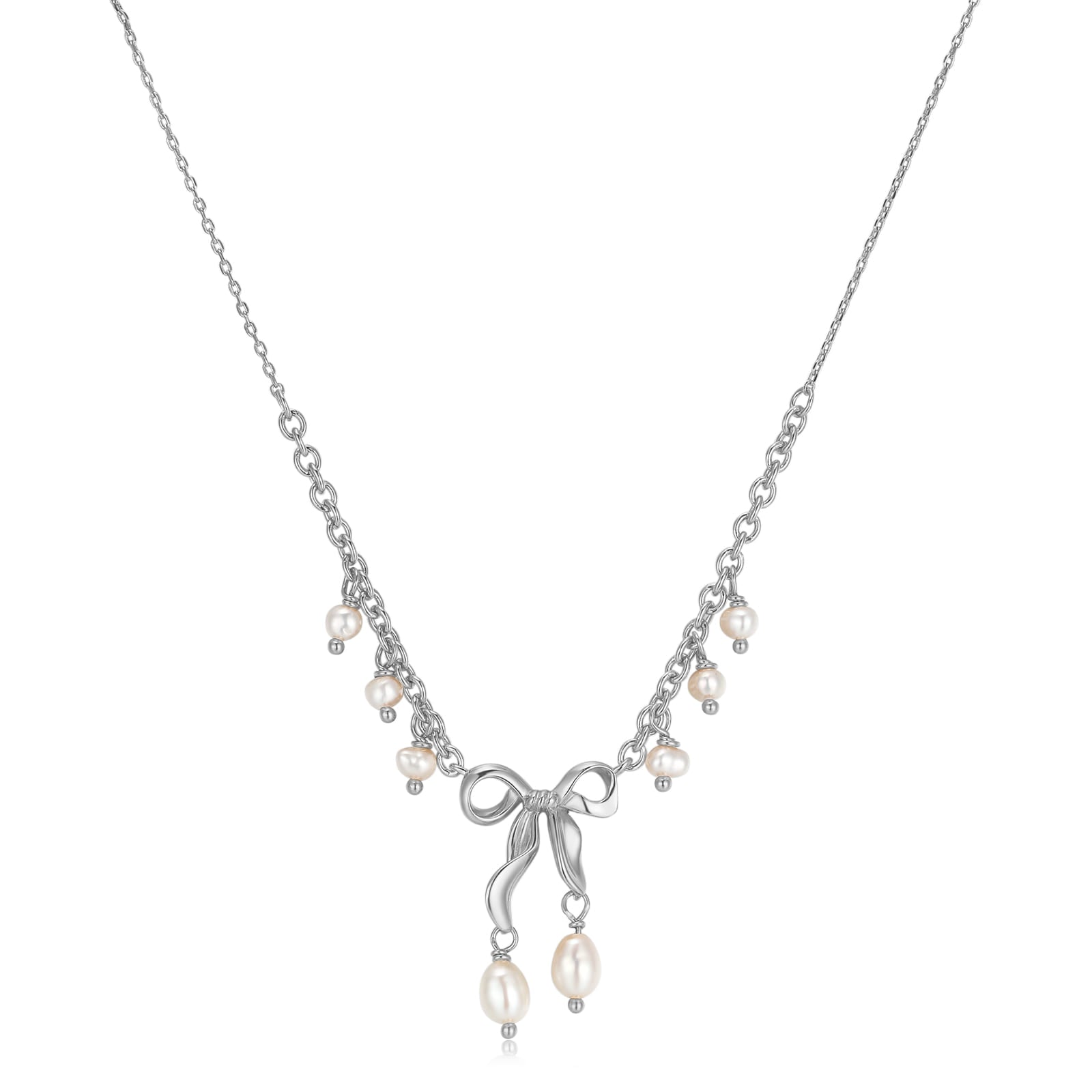 Freshwater Pearl Silver Bow Dangle Necklace - Alice