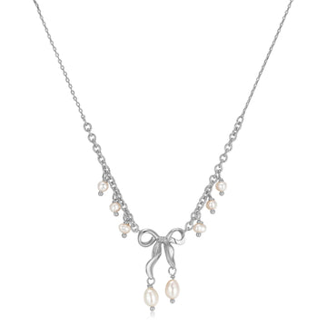 Freshwater Pearl Silver Bow Dangle Necklace - Alice