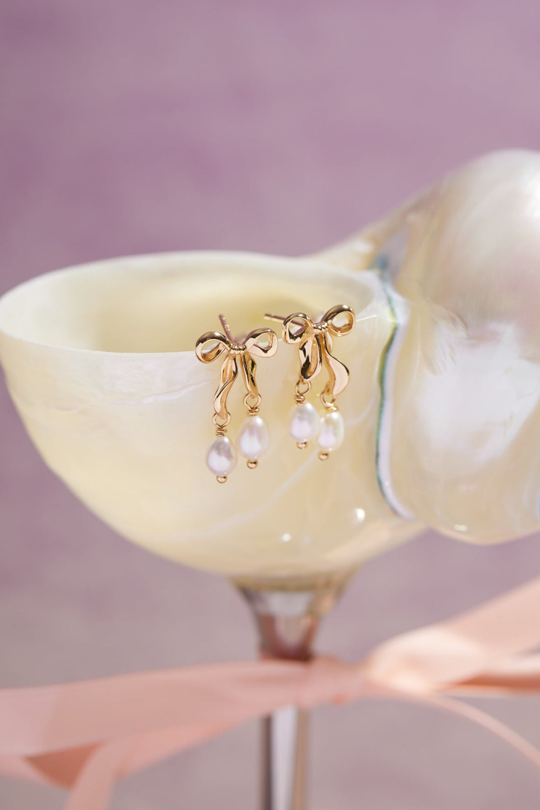 Freshwater Pearl Gold Bow Dangle Earrings - Alice