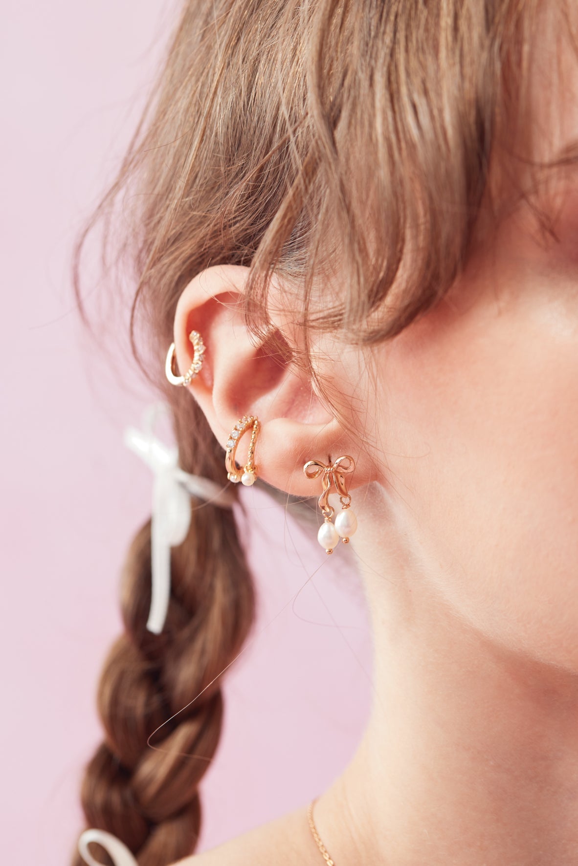 Freshwater Pearl Gold Bow Dangle Earrings - Alice