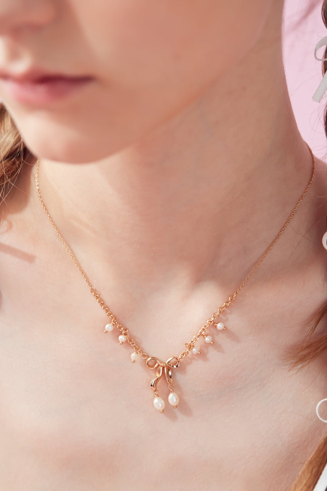 Freshwater Pearl Gold Bow Dangle Necklace - Alice