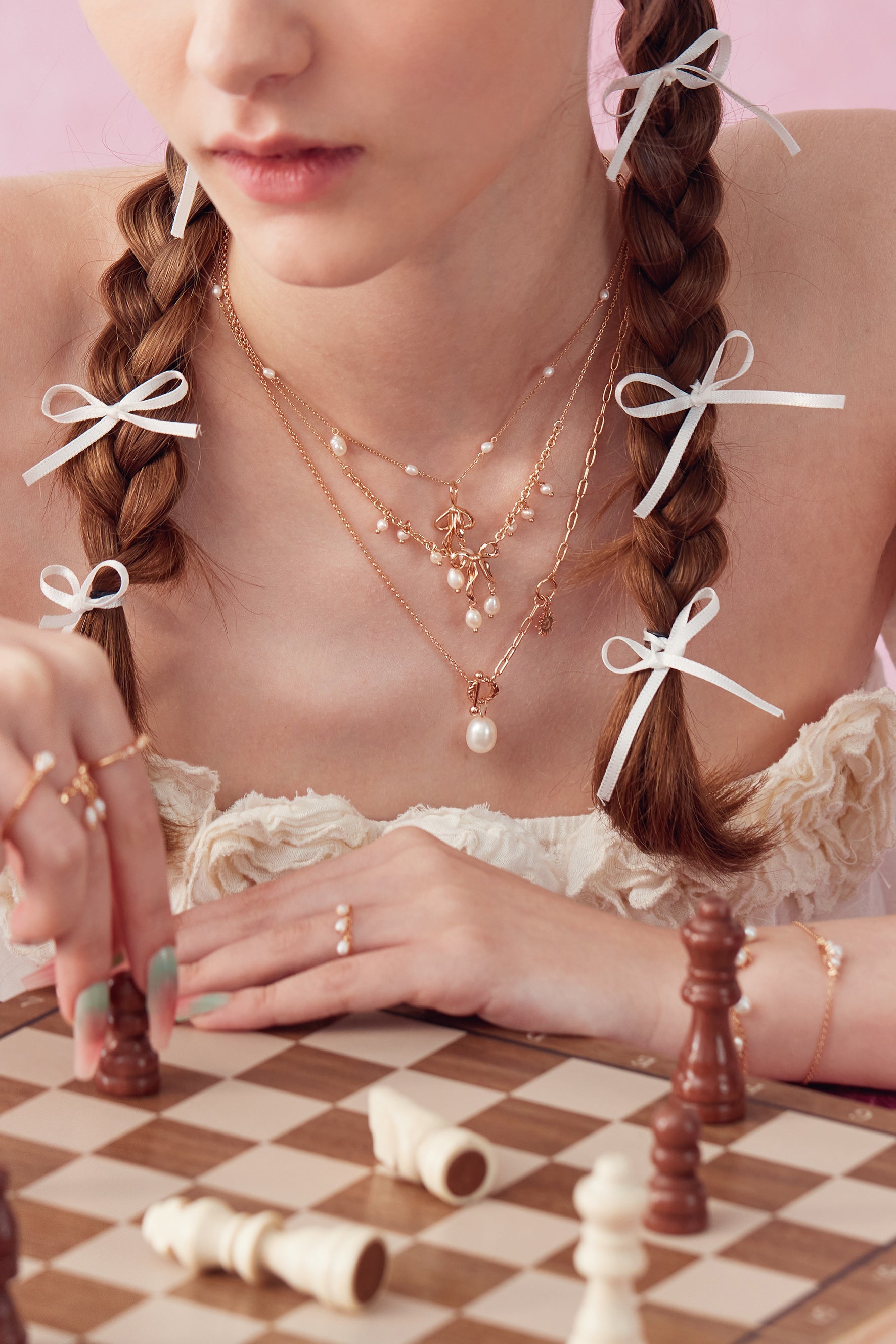 Freshwater Pearl Gold Bow Dangle Pendant - Alice