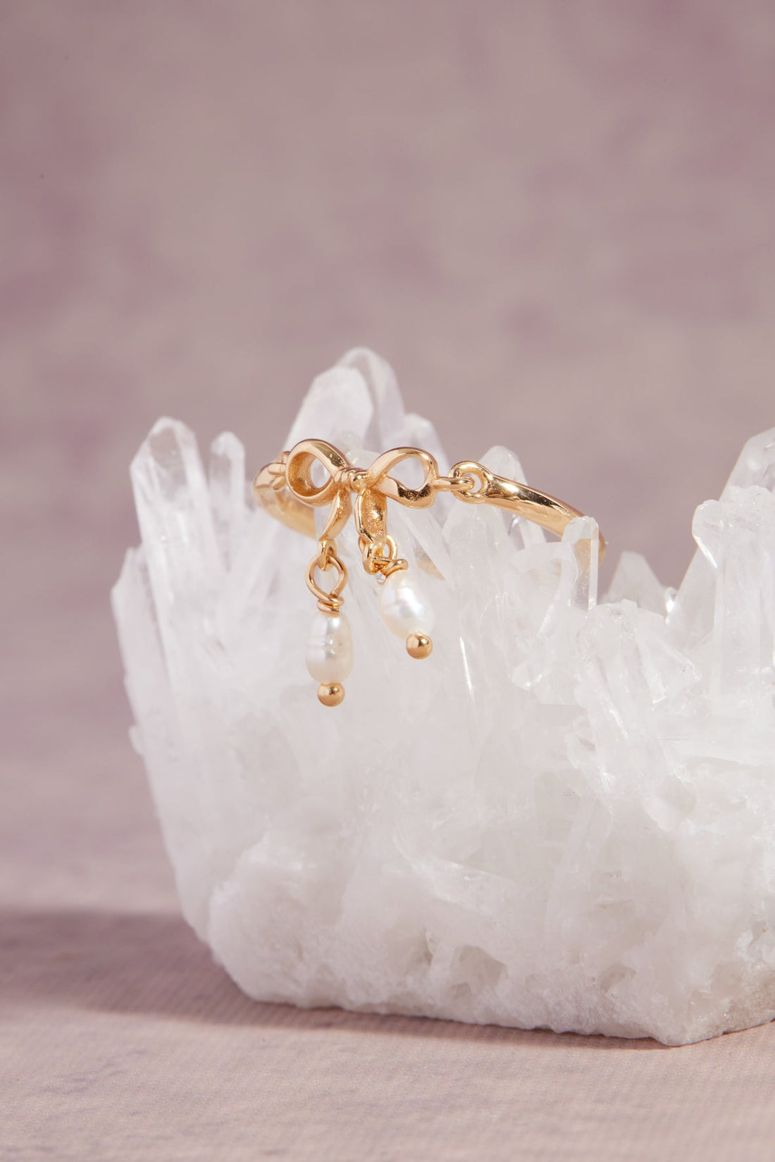 Freshwater Pearl Gold Bow Dangle Ring - Alice