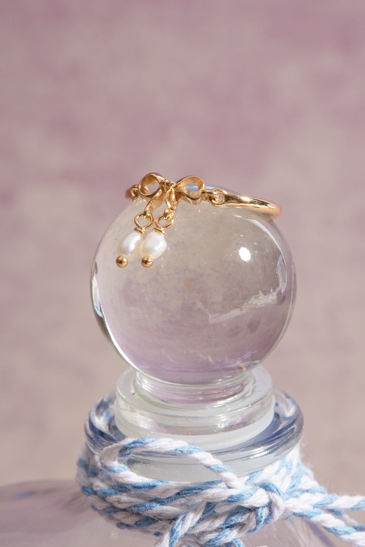 Freshwater Pearl Gold Bow Dangle Ring - Alice