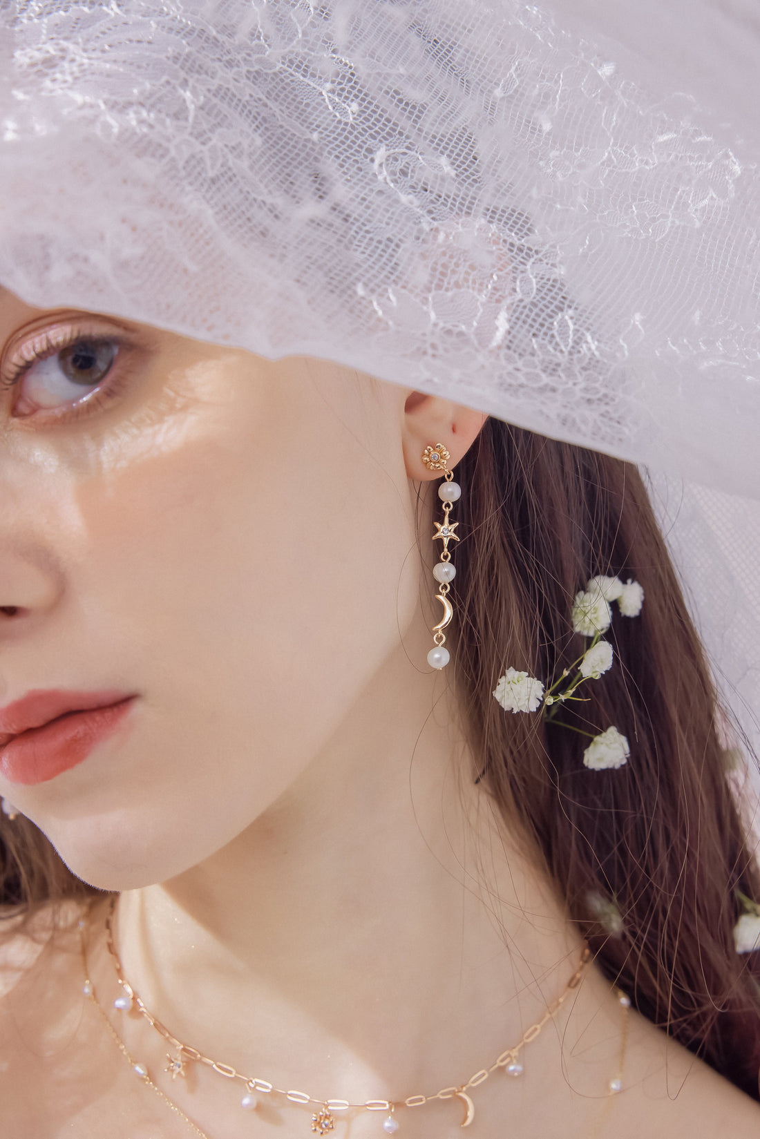 Freshwater Pearl Moon & Star Gold Drop Earrings - Daisy