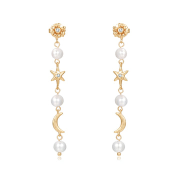Freshwater Pearl Moon & Star Gold Drop Earrings - Daisy