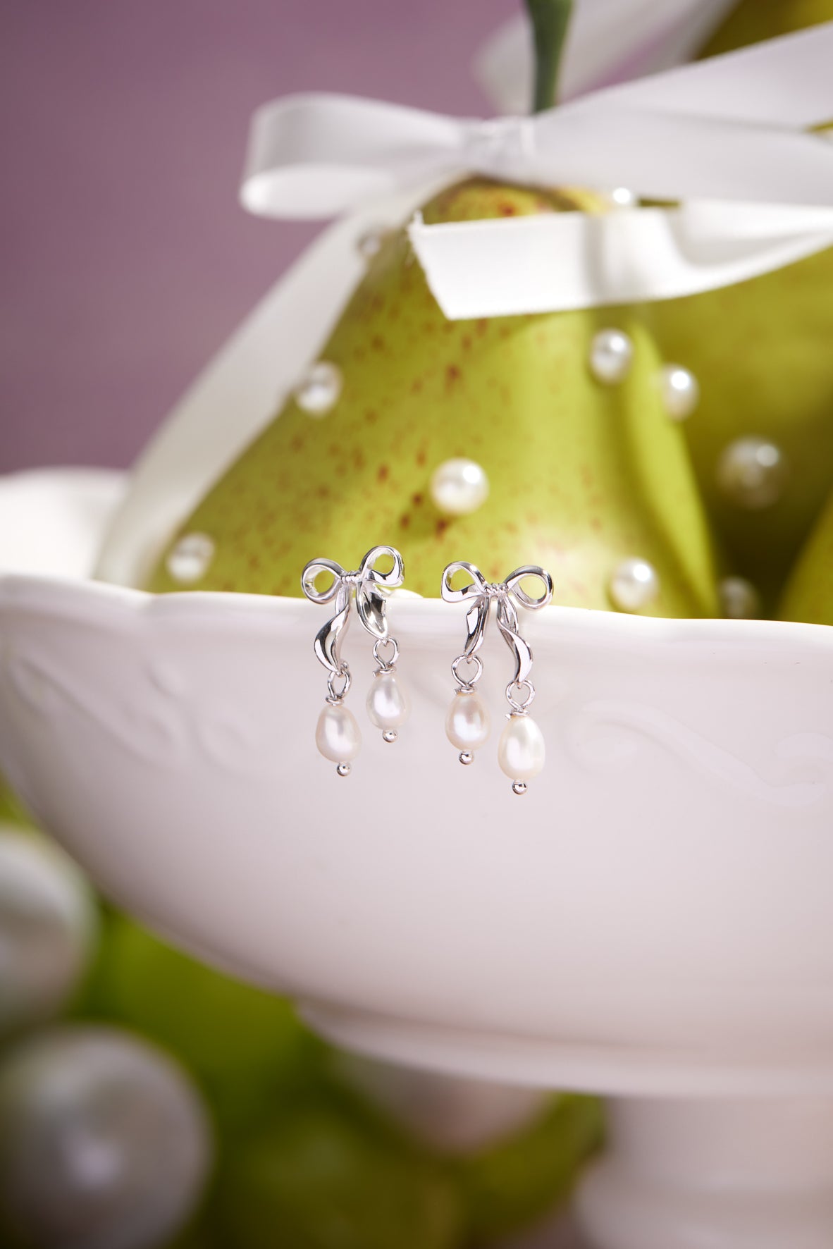 Freshwater Pearl Silver Bow Dangle Earrings - Alice