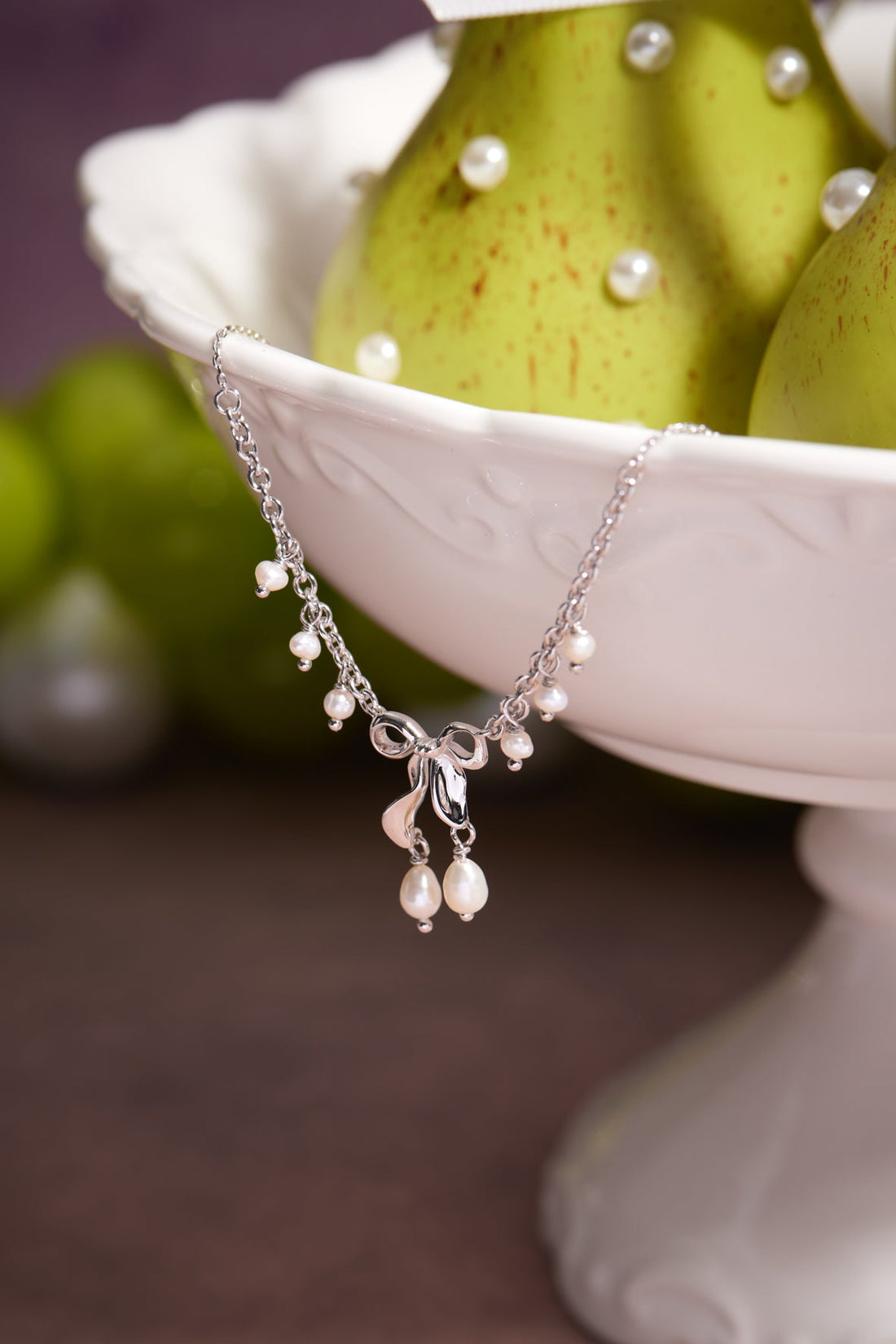 Freshwater Pearl Silver Bow Dangle Necklace - Alice