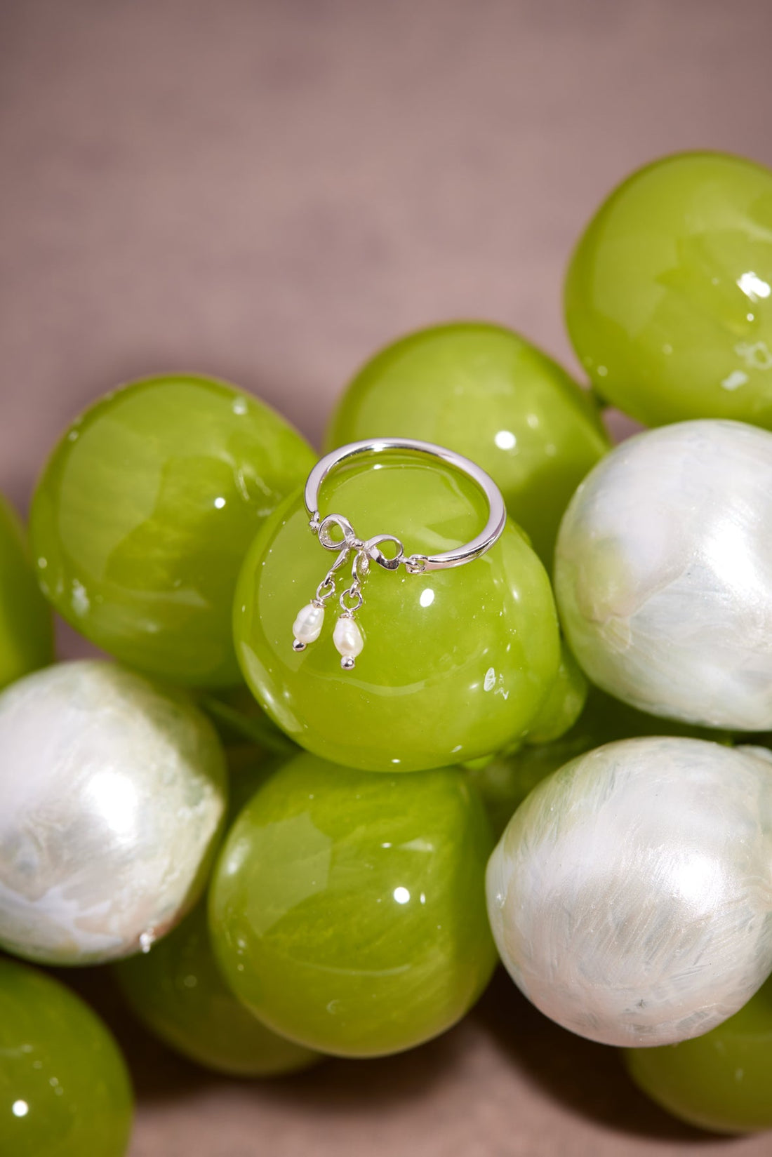 Freshwater Pearl Silver Bow Dangle Ring - Alice